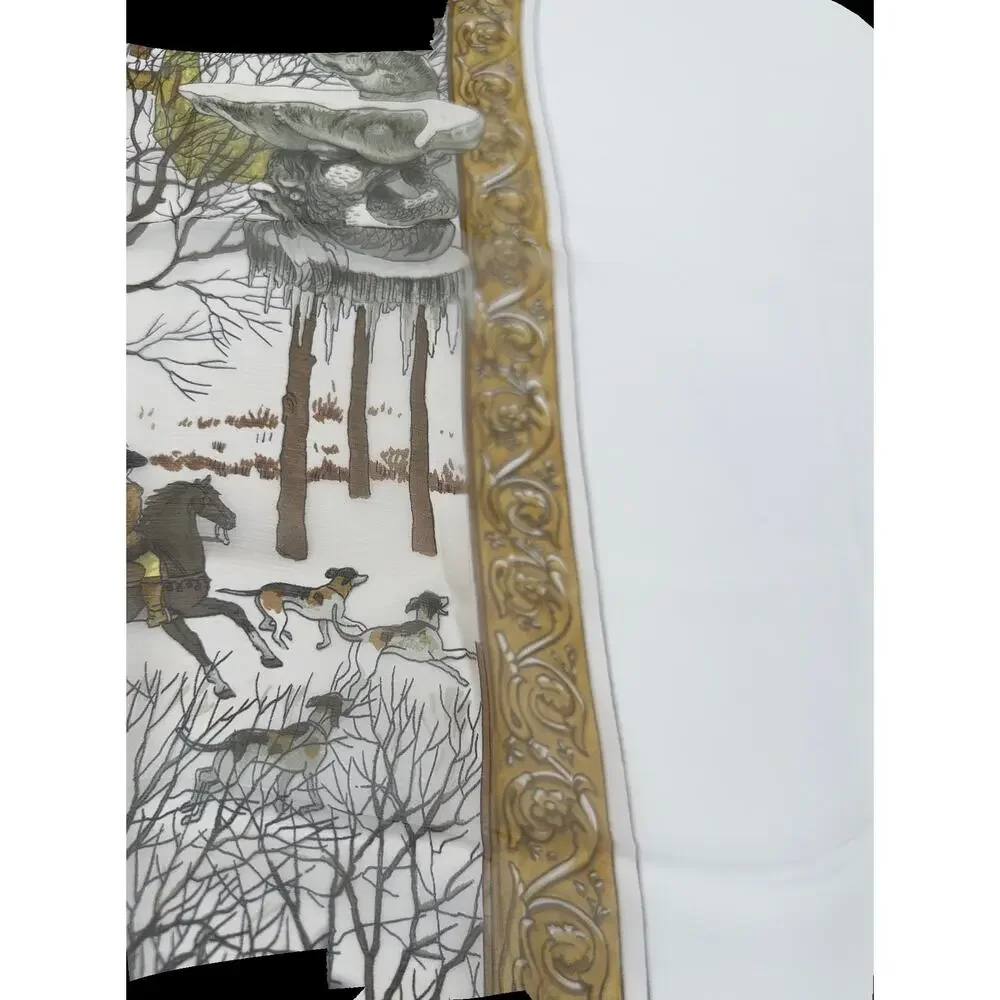 Hermes Extremely Rare 100% Silk Mirrored Image Hunt Scene Sheer Large Cape Shaw